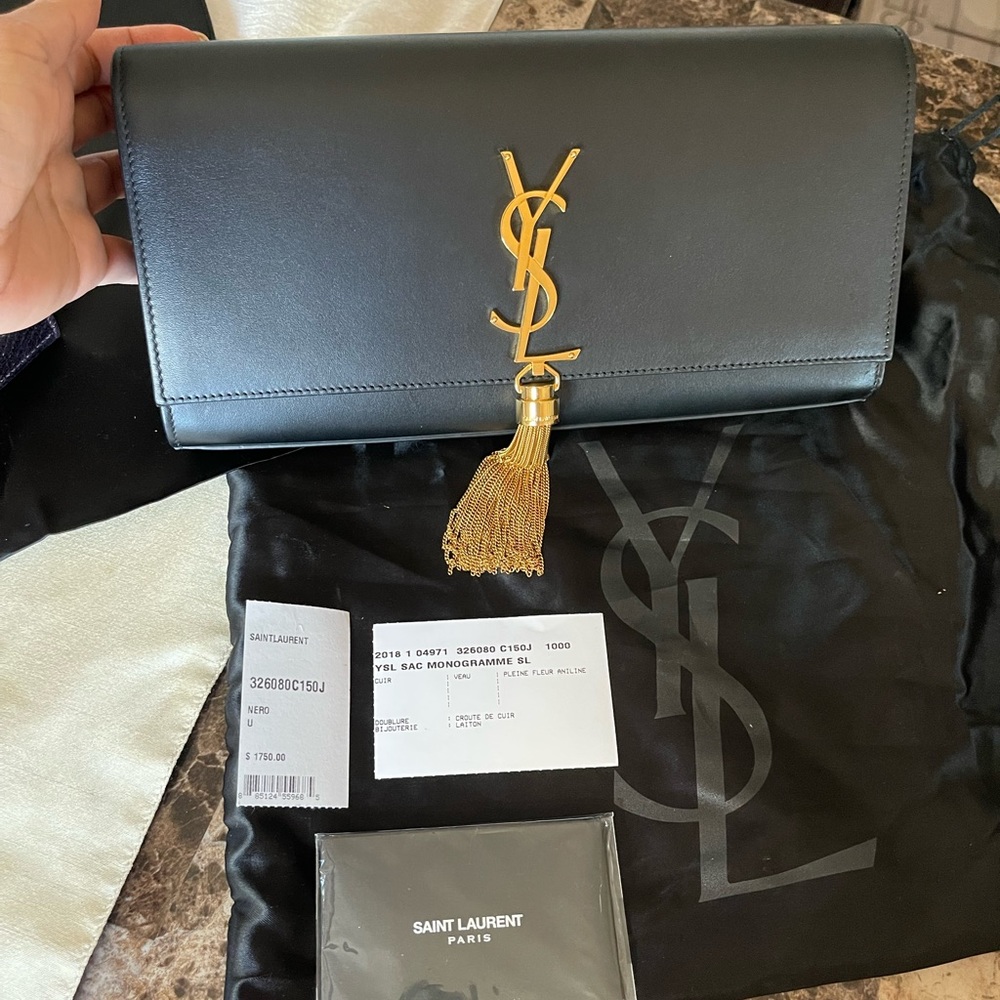 YSL Black Leather Clutch with Gold Tassel